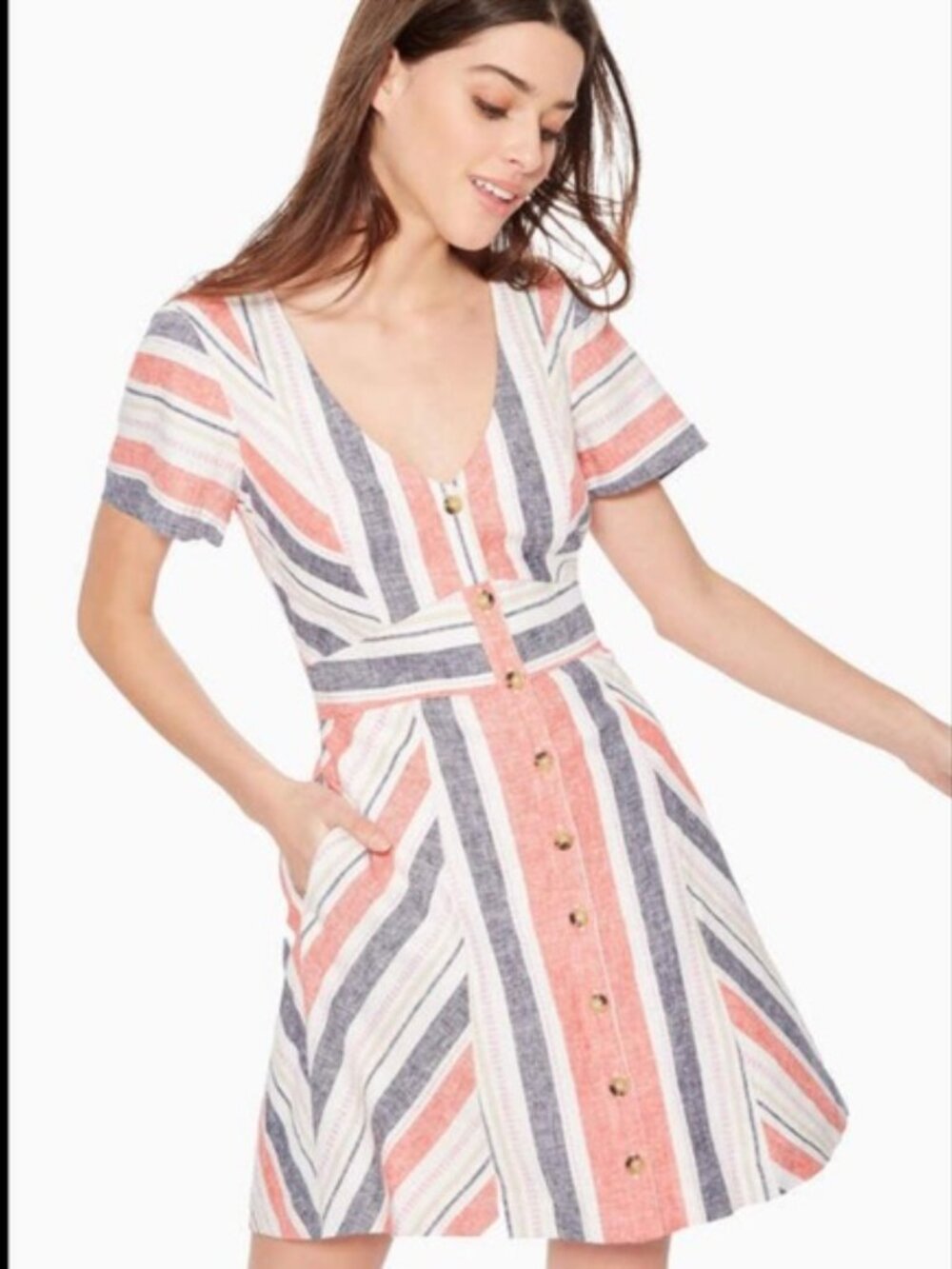 Parker Fit Flare Striped Linen Blend Button Down Kacey Dress Sz 0